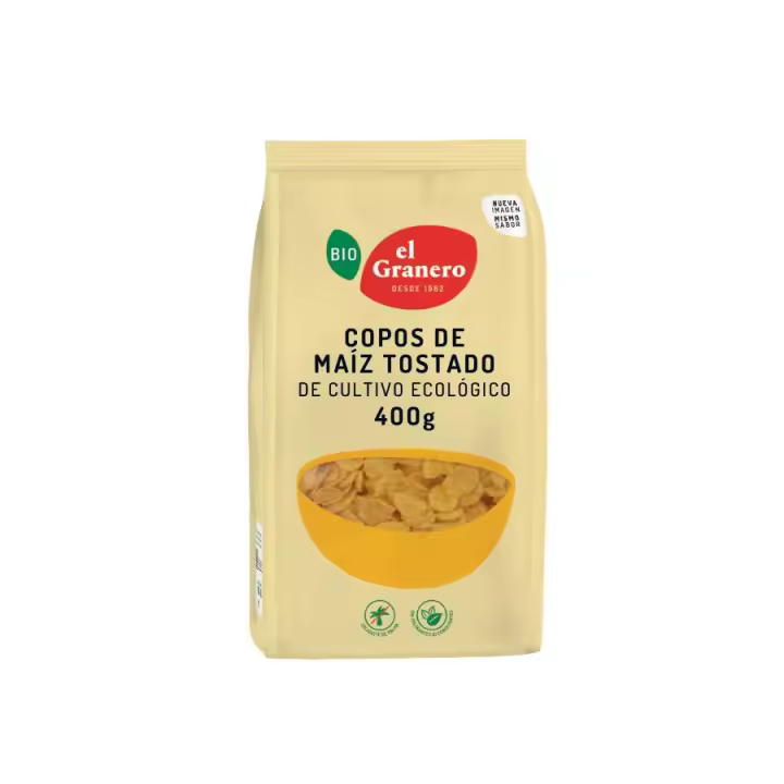 EL GRANERO - Copos de Maíz Tostado Bio 400 g, de Cultivo Ecológico, Apto para Veganos, Cereales sin Azúcares Añadidos, Hidratos de Carbono, Proteínas y Vitaminas, Aporte Energía, Alto Contenido Fibra - 1