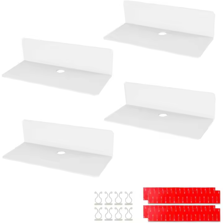 Estante flotante de pared acrílico de 4 piezas, 23 x 9,5 cm, estante adhesivo sin perforaciones con 8 clips para cables, estante pequeño para oficina, baño, cocina, dormitorio, blanco - 1