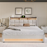 Cama tapizada con USB 160x200 cm, Cama Doble LED con somier de metal, somier Juvenil de Material de Lino (con colchón) - details 0