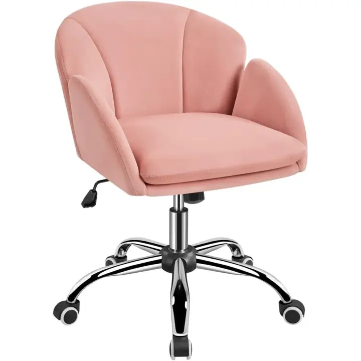Silla Escritorio, Silla Oficina Giratoria, con Respaldo Amplio, Base Metalica con Ruedas, Terciopelo, para Oficina Estudio y Salon, Rosa - 1