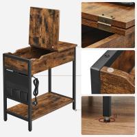Mesa Auxiliar con Enchufes y Puerto USB - Mesita de Noche con Tablero Plegable, Estante y Bolsa de Tela, Estilo Vintage, Marrón/Negro, para Salón y Dormitorio - details 5