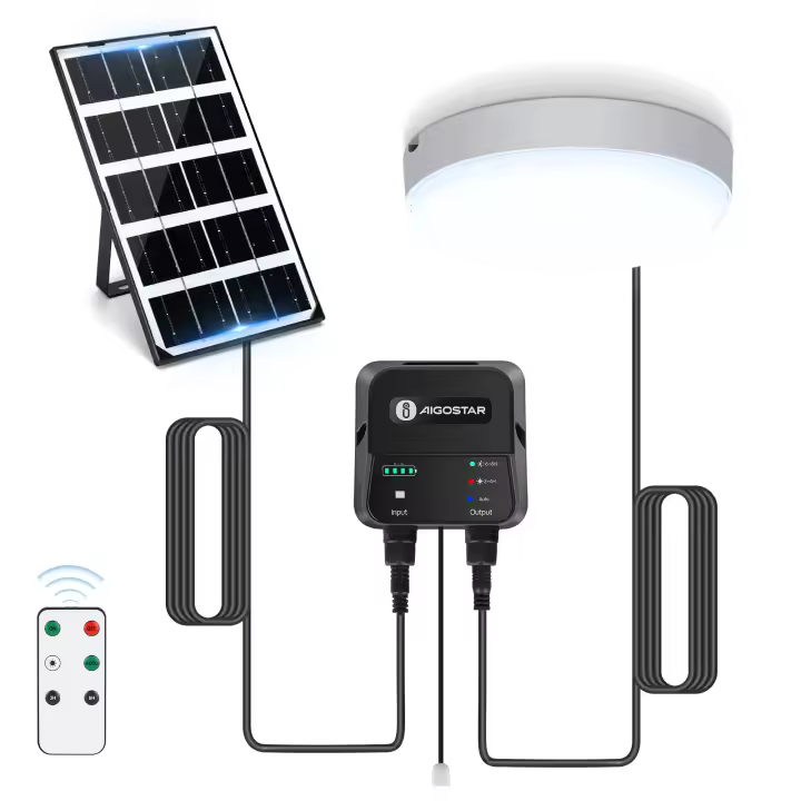 Aigostar Luz Solar Exterior con Sensor 35W Plafón LED Techo Solar Interior con Caja de Almacenamiento de Energía, Mando a Distancia, IP65 Impermeable, Cable de 8m, Ajustable 6500K - 1