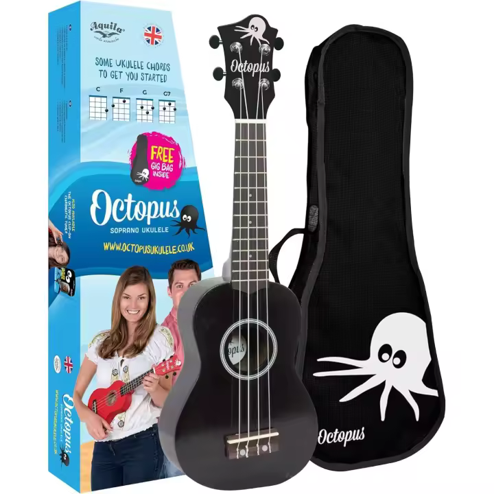 ROCKSTAR MUSIC - Ukelele Soprano mod Octopus UK205BKS, color negro con funda para principiantes y estudiantes - 1