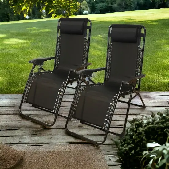 2 Tumbonas Reclinable para Camping y Jardín 112 x 65 x 84 cm Tumbona Negra o Gris + Almohada Silla Gravedad Cero Playa Verano Piscina Banquetas para Salón Jardín Balcón - 1