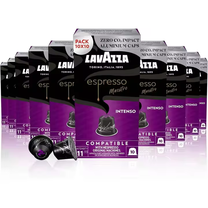 Lavazza, Espresso Maestro Intenso, 100 Cápsulas de Café Compatibles con Máquinas Nespresso Original, con Notas de Galletas, Arábica y Robusta, Intensidad 11/13, Tueste Medio, 10 Paquetes de 10 Cápsulas - 1