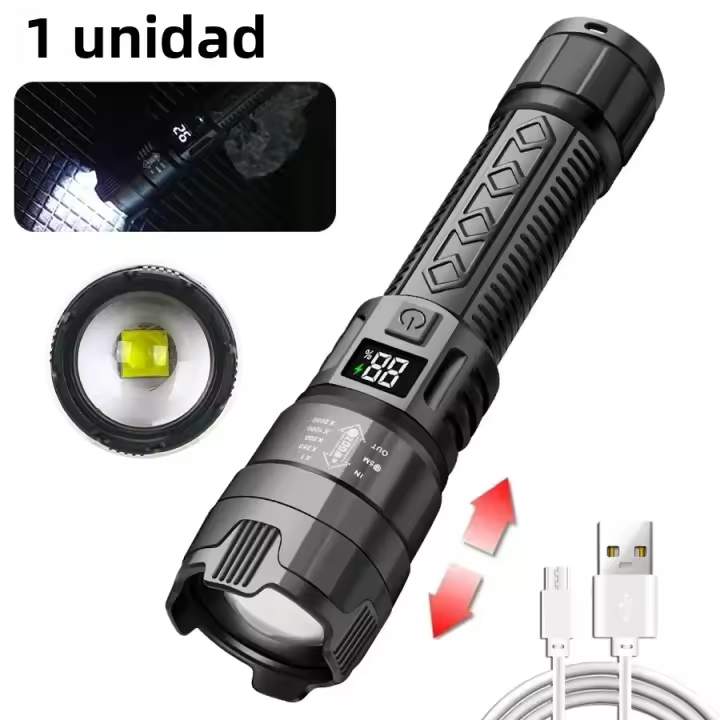Linterna Táctica LED De Alta Potencia 2000LM Con Pantalla Y Luz USB Para Camping Pesca Emergencias Zoom Luz De Lectura - 1