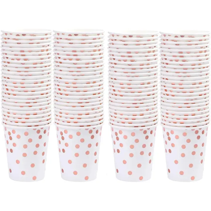 100 vasos de papel desechables con lunares de oro rosa de 9 onzas para Navidad, bodas, aniversarios, fiestas de cumpleaños - 1