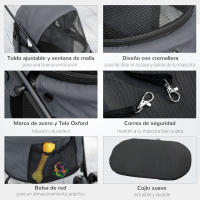 PawHut Cochecito para Mascotas Plegable Carrito para Perros y Gatos con Ventanas de Malla Cojín Lavable Correas de Seguridad Cubierta de Tela Oxford y Marco de Acero 82x47x97 cm - details 4