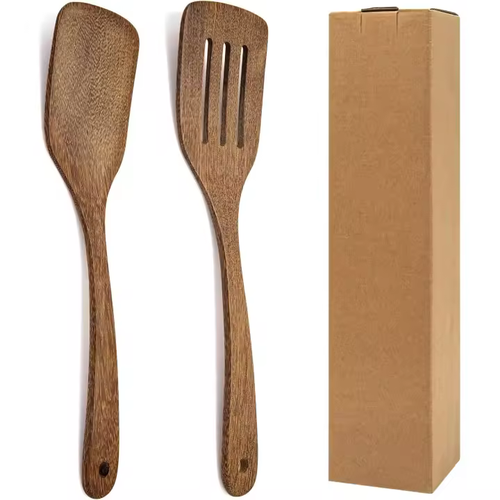 Espátula de madera, paquete de 2, espátulas ranuradas de madera maciza para cocina, resistentes al calor. - 1