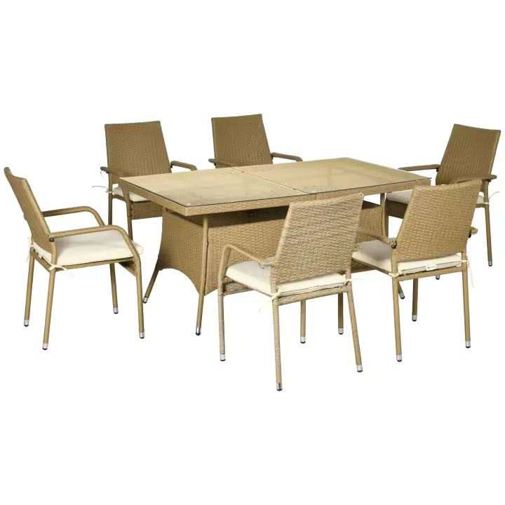 Outsunny Conjunto de Muebles de Ratán PE Juego de Comedor de Jardín 7 Piezas Mesa de Centro con Tablero de Vidrio y 6 Sillas Apilables con Cojines para Terraza Patio Arena - 1
