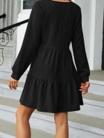 Vestido Largo Suelto Para Mujer Con Manga Larga Y Costuras En Color Sólido Moda Europea Y Americana Para Otoño E Invierno Cuello V Estilo Casual - details 1