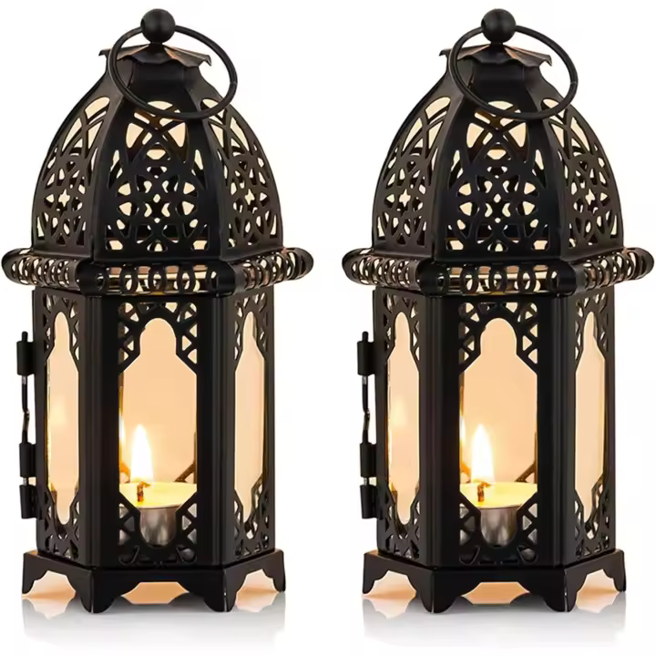 portavelas de metal de tamaño pequeño para centros de mesa de boda, farolillos colgantes de cristal transparente para bodas, Navidad, decoración de mesa para el hogar, jaula de pájaros, lámpara marroquí negra - 1