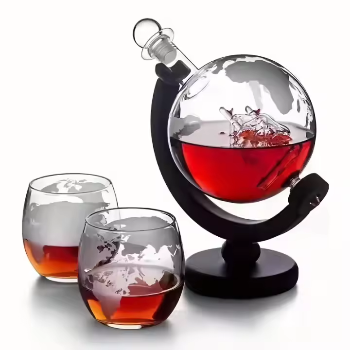 Juego De Decantador De Globe Con Carafas De Vidrio Libre De Plomo Y 2 Cristales Para Whiskey Soporte De Madera Elegante Regalo De Calidad - 1