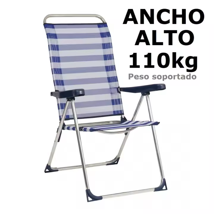 CM Silla Plegable de Playa de Aluminio Resistente, Soporta Hasta 110KG, Diseño de Rayas Azules y Blancas - 1