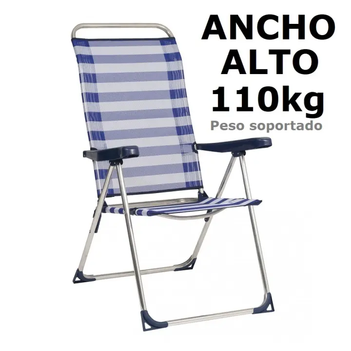 CM Silla Plegable de Playa de Aluminio Resistente, Soporta Hasta 110KG, Diseño de Rayas Azules y Blancas - 1