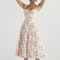 Vestido De Playa Para Mujer Con Estampado Floral Cuello Cuadrado Ajuste Frontal Y Abertura En Pierna Midi Polyester Sin Mangas Vestido De Noche - details 54