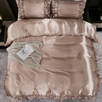 Set De Edredón Satinado 3PCS Colores Blanco Khaki Y Rosa Seda Suave Con Volantes Estilo Moderno Para Cama Conjunto De Ropa De Cama - details 35