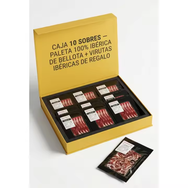 PALETA BELLOTA 100% IBERICA 10 SOBRES DE 100G +  REGALO VIRTUAS IBERICAS 200G - IBÉRICOS FASUTINO GIL - 1