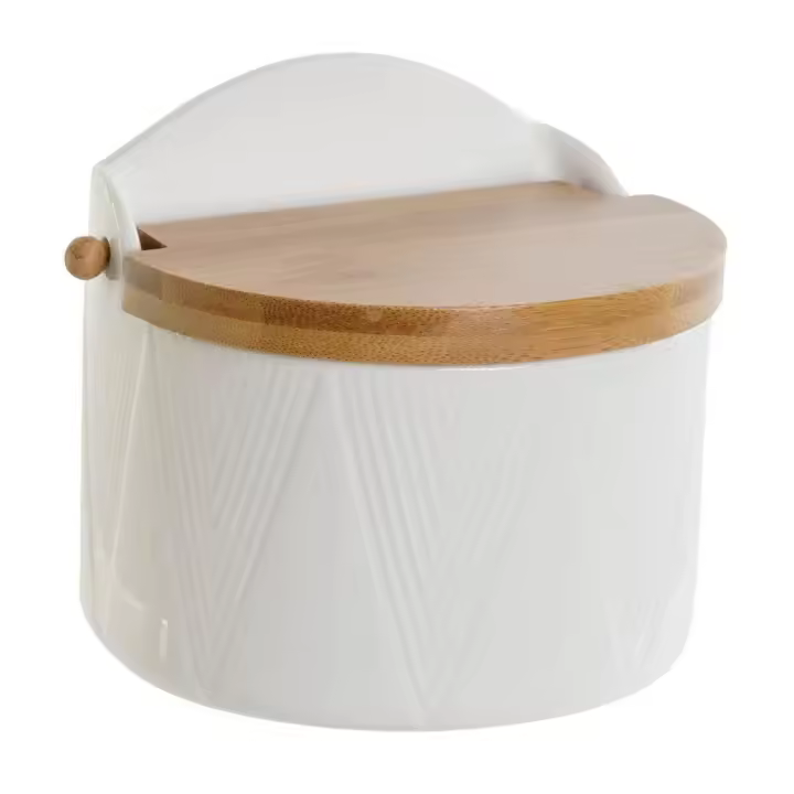 Dcasa Salero de porcelana blanco con tapa de bambu estilo nordico - 1