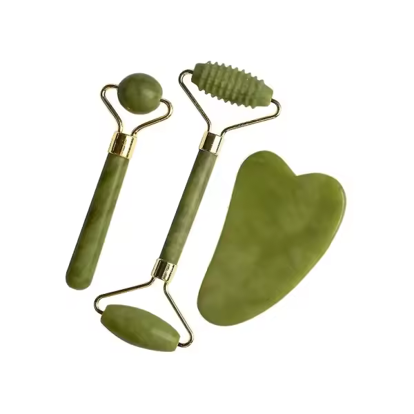 Juego Completo de Rodillos de Jade para Masaje Facial Verde - Herramienta de Masaje Facial Natural para Tonificar la Piel y Reducir Arrugas - Set de Rodillos de Jade para la Relajación y Mejora de la Circulación Sanguínea - 1