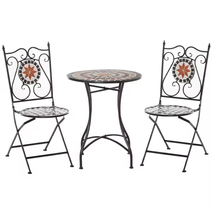 Outsunny Grupo de Asientos de Jardín Mesa de Mosaico de 3 Piezas Grupo de Comedor Conjunto de Muebles de balcón Conjunto de Muebles de jardín 1 Mesa + 2 sillas Plegables Terraza Metal Multicolor - 1