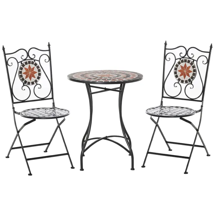 Outsunny Grupo de Asientos de Jardín Mesa de Mosaico de 3 Piezas Grupo de Comedor Conjunto de Muebles de balcón Conjunto de Muebles de jardín 1 Mesa + 2 sillas Plegables Terraza Metal Multicolor - 1