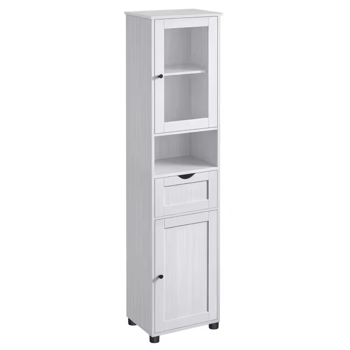 VASAGLE Mueble Baño, Armario Baño, Armario Alto, Compartimento Abierto, Puerta de Cristal, Estrecho, con Patas, Estantes Regulables en Altura, Ahorro de Espacio, Blanco Arce/Blanco Nube - 1