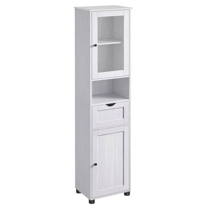 VASAGLE Mueble Baño, Armario Baño, Armario Alto, Compartimento Abierto, Puerta de Cristal, Estrecho, con Patas, Estantes Regulables en Altura, Ahorro de Espacio, Blanco Arce/Blanco Nube - 1