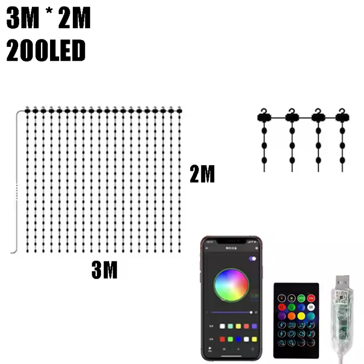 Cadena De Luces LED Para Cortinas RGBIC Con Enchufe USB Y Control Remoto Bluetooth Y APP Para Decoración De Habitaciones - 1