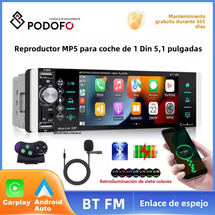 Podofo 1 Din Carplay Android Auto Car MP5 Player Con Pantalla Táctil HD De 5.1'' Bluetooth FM Radio Soporte TF/USB Cámara Trasera - 1