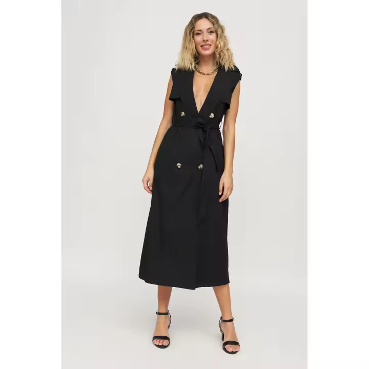 VESTIDO SAFARI NEGRO - Vestido Midi Negro, Black, Botones, Escote, Escodato, Bolsillos, Elegante, Poliester, Polyester - 1