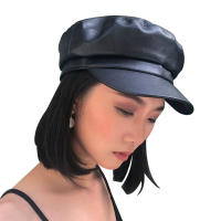 Gorro Militar De Cuero PU Para Mujeres Moda Otoño Invierno Beret Plano Casual Unisex Para Exteriores Y Pintores - details 1