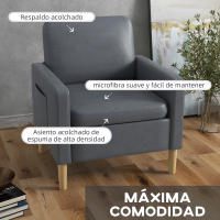HOMCOM Butaca de Salón Sillón Relax con 2 Bolsillos Laterales Reposabrazos Asiento Acolchado y Patas de Madera Sofá Individual de Moderno para Dormitorio 73x79x87 cm Gris - details 3