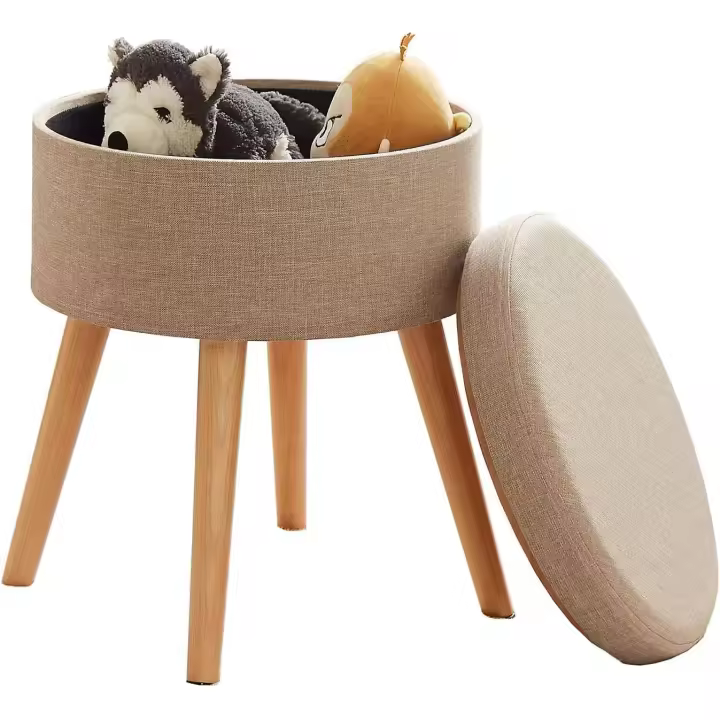 Madera Nieve Taburete con Caja de Almacenamiento, Silla otomana, Asiento tapizado de Lino y Madera Maciza. - 1