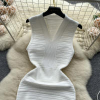 Vestido Bodycon Sin Mangas De Cuello V Blanca Para Mujer REALEFT Elegante Y Casual De Verano Con Ajuste Corporal Mini - details 5