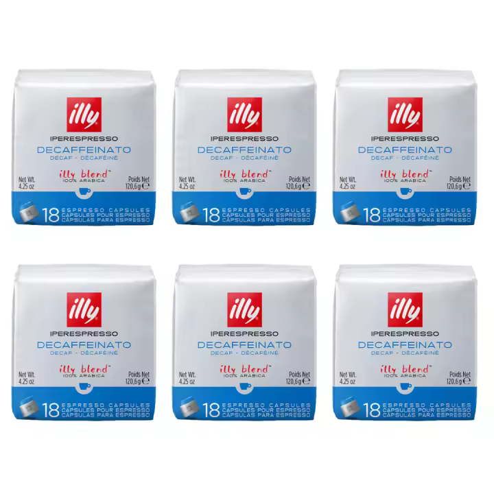 illy Cápsulas Café Iperespresso Tueste DESCAFEINADO, 6 Pack de 18 Cápsulas, Total 108 Cápsulas - QUMIR - 1