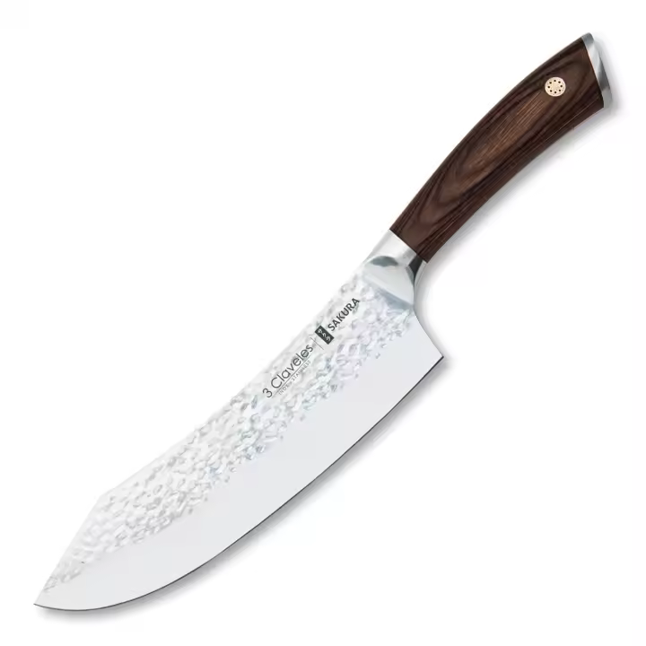 3 Claveles Sakura - Cuchillo Cocinero Curvo 20 cm Acero Forjado con Hoja Martilleada - 1