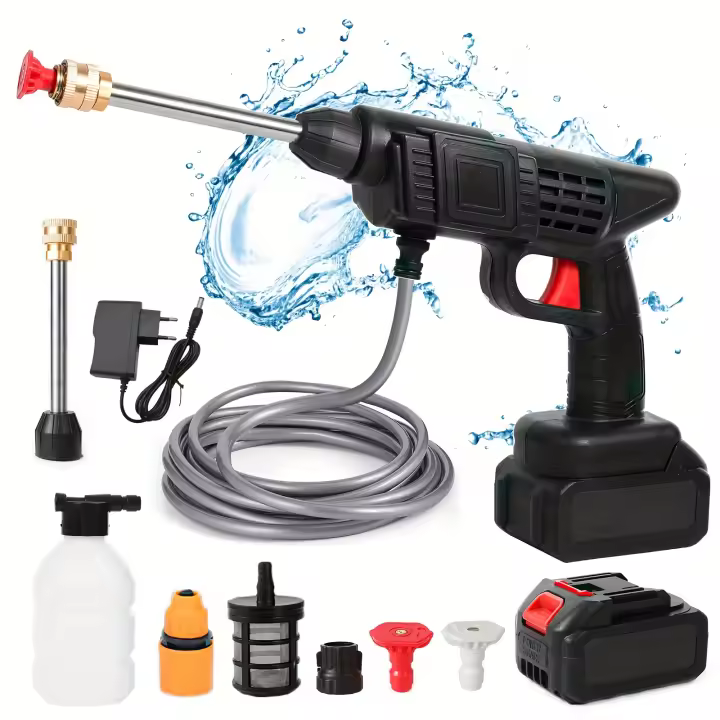 Lavadora de alta presión sin cuerda de 21V con 1 batería y 5 metros de tubería de agua para la limpieza de pisos, lavado de coches y riego de jardín - 1
