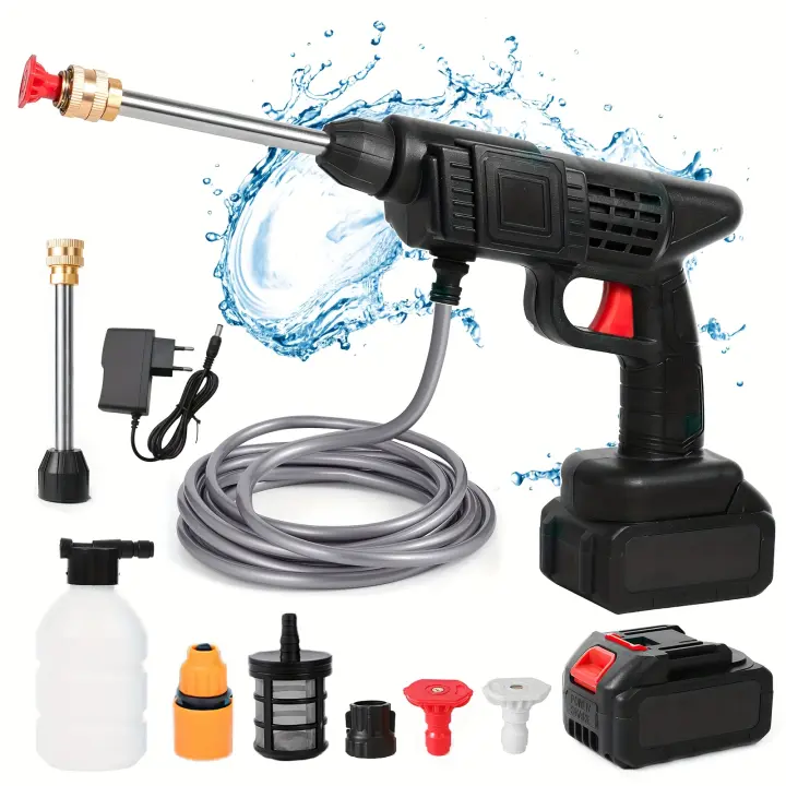 Lavadora de alta presión sin cuerda de 21V con 1 batería y 5 metros de tubería de agua para la limpieza de pisos, lavado de coches y riego de jardín - 1