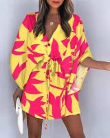 Vestido Casual De Verano Para Mujer Con Estampado Y Volante Estilo Playa Cuello En V Manga Batwing A-Line Largo Mini - details 8