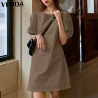 VONDA Vestido Mini De Verano Para Mujer Elegante Corto Con Mangas Flounce Estilo Casual Solido Cuello Redondo Vestido De Fiesta De Playa - details 6