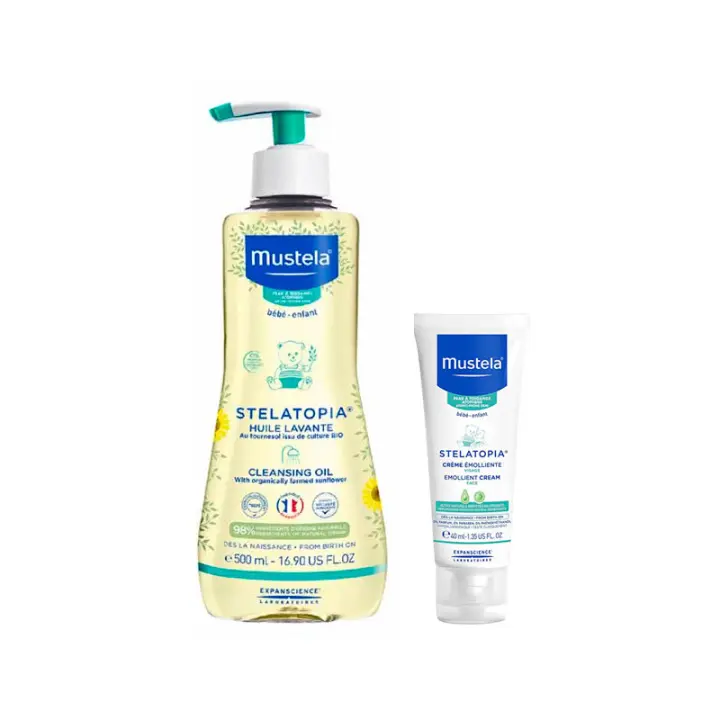 MUSTELA STELATOPIA CREMA FACIAL EMOLIENTE Y ACEITE DE BAÑO PACK PROMOCION PRODUCTOS PARA BEBES Y NIÑOS CON PIEL MUY SENSIBLE Y CON PIEL ATOPICA PACK PROMOCOINAL 50% DE DESCUENTO EN LA CREMA FACIAL EMOLIENTE - 1