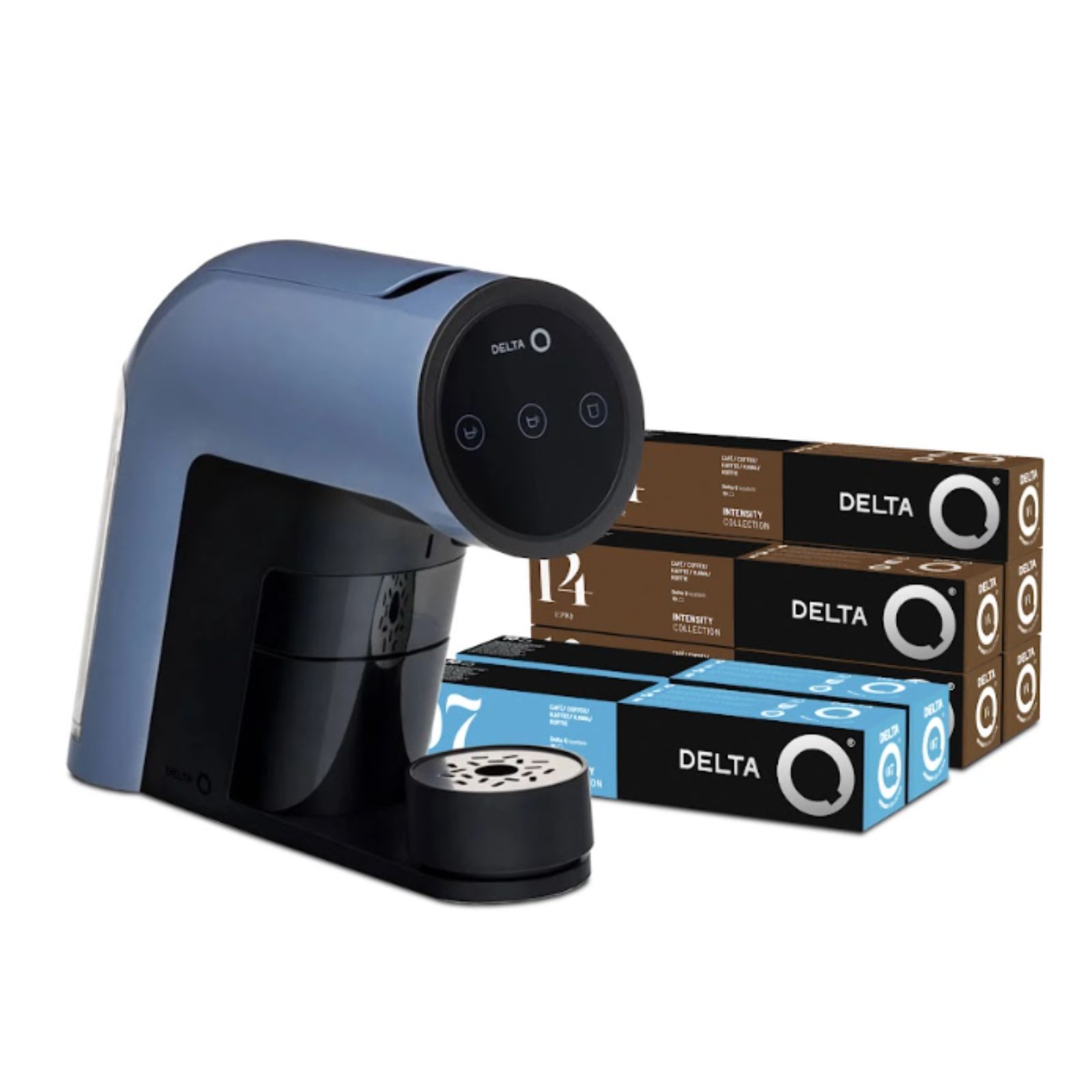 Delta Q IconiQ - Máquina de Café Espresso - Pack de Cafetera de Cápsulas Automática con Depósito para 10 Cápsulas - Pantalla Táctil - Incluye Pack 70 Cápsulas de Café Intesidades