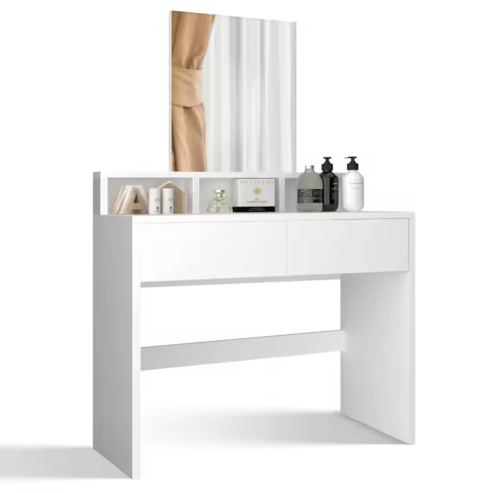 Tocador blanco elegante y compacto con espejo, taburete, y amplio almacenamiento, 2 cajones, diseño estable que ahorra espacio, Miadomodo - 1