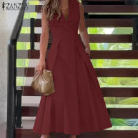 Vestido Midi Elegante ZANZEA Para Mujer Estilo Trabajo OL Verano Vuelta En El Cuello Sin Mangas Silueta A-Line Oficina Casual Longitud Media Pierna - details 2
