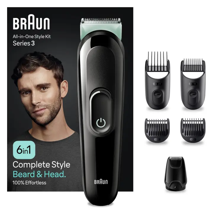 Braun Series 3 MGK3411 recortadora todo en uno, kit 6 en 1 de afeitado diario para hombres, para recorte de barba, cortar el pelo y más, con lámina ultraafilada, cabezales y peines lavables, recargable. - 1