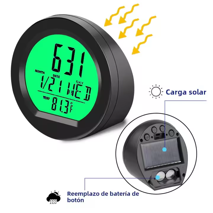 Reloj Digital Solar Para Coche Con Temperatura Y Fecha Pantalla LCD Luminosa Adhesivo Para Tablero Automóviles - 1