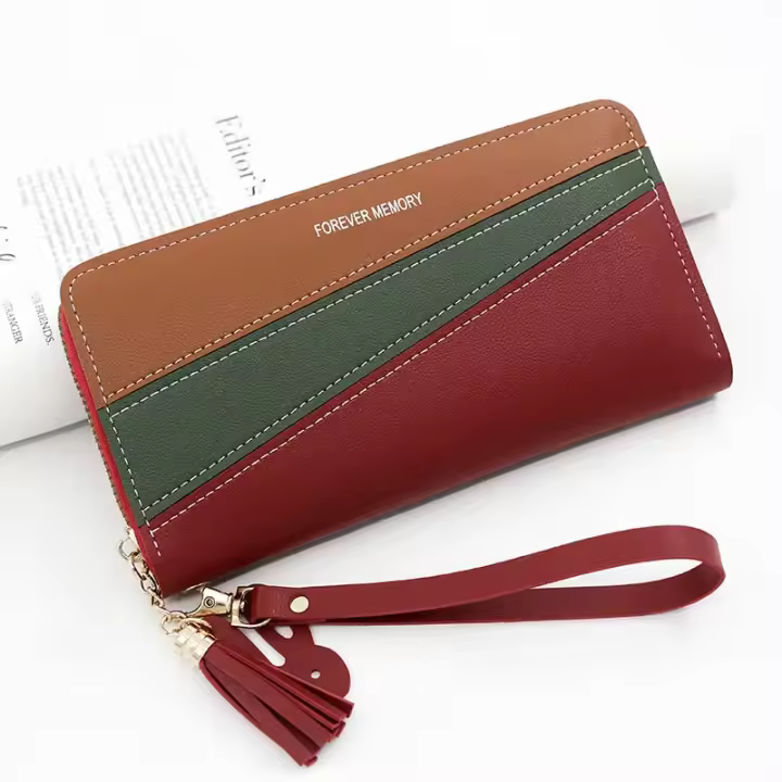 Cartera Larga Para Mujer Con Cremallera De Cuero Tres Colores Moda Monedero Bolso De Mano Con Compartimento Para Tarjetas - 1