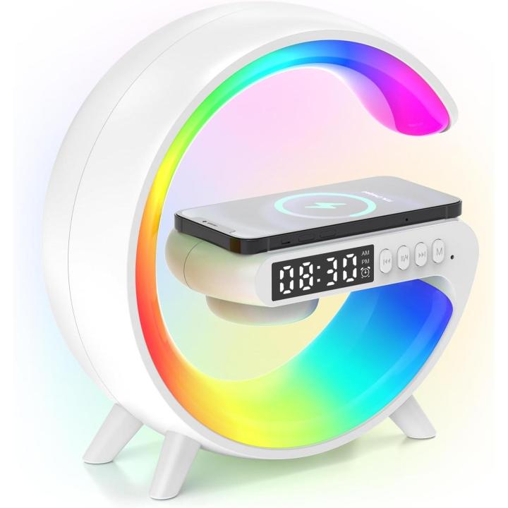 Despertador Sunrise con altavoz Bluetooth, cargador inalámbrico, cambio de color RGB, lámpara de atmósfera para dormitorio