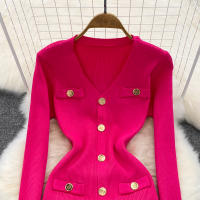 Vestido Midi De Punto REALEFT Para Mujer Con Cuello En V Manga Larga Y Falda Frontal Solta Estilo Casual Color Sólido Otoño Invierno - details 17
